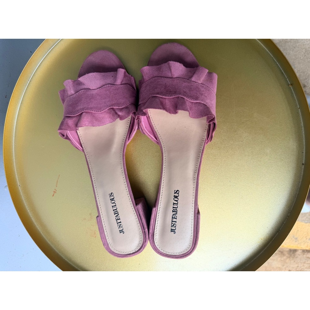JustFab Cryssa Mauve Pink Ruffle Slide Sandals Low Block Heel Womens Size 8.5